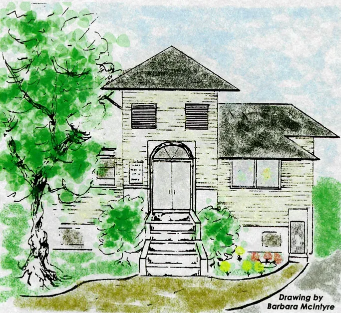 Hand drawing of the Creston Christian Church building by Barbara McIntyre